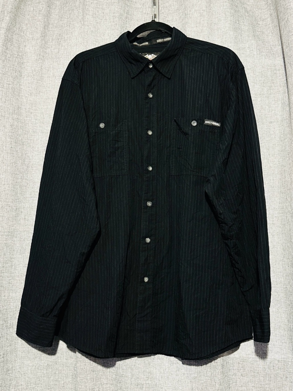 Harley-Davidson Black Pinstripe Long Sleeved Shirt w/Embroidered Eagle Patch, L